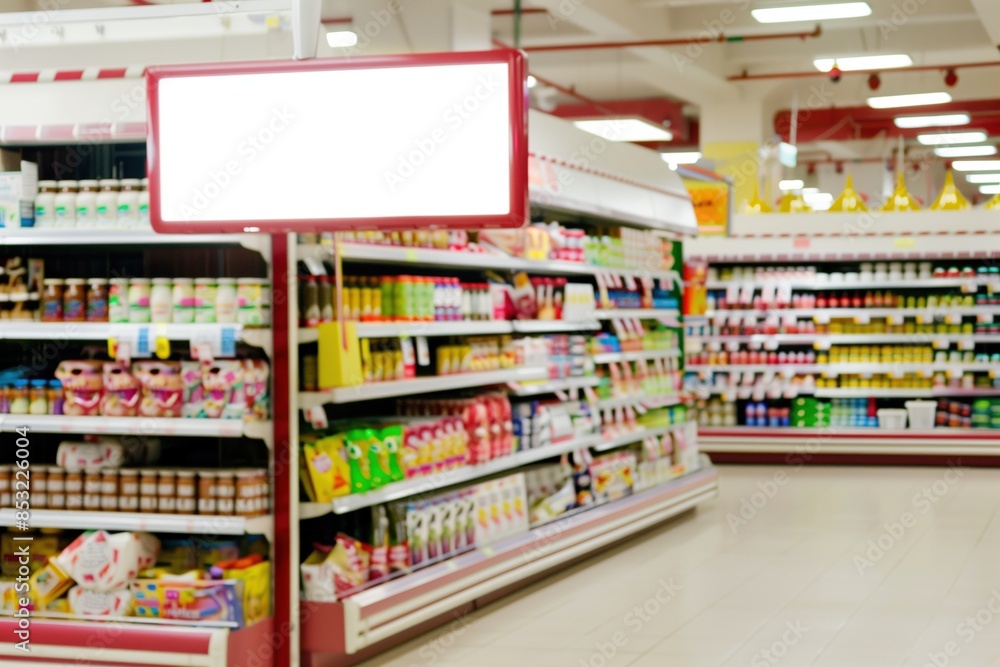 A large store with a white sign on the wall. The store is full of food and drinks A large store with a white sign on the wall. The store is full of food and drinks