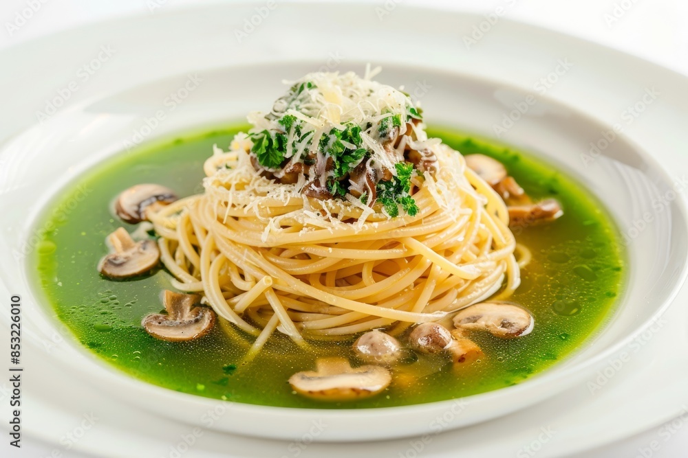 Artfully Presented Capellini in Parsley Mushroom Broth Artfully Presented Capellini in Parsley Mushroom Broth