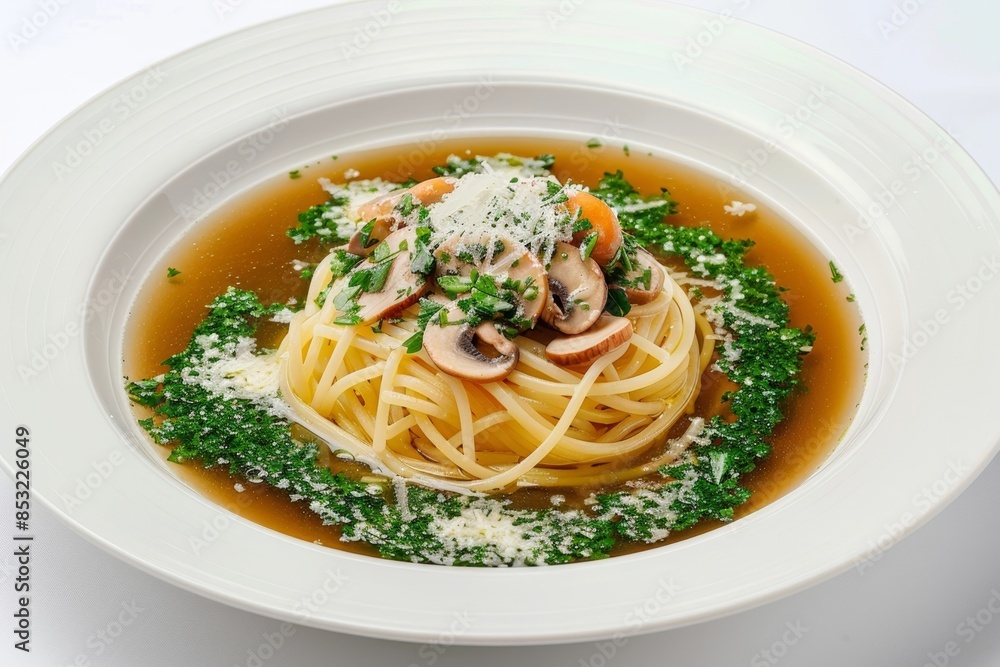 Exquisite Capellini in Fragrant Mushroom Broth with Parmesan Exquisite Capellini in Fragrant Mushroom Broth with Parmesan