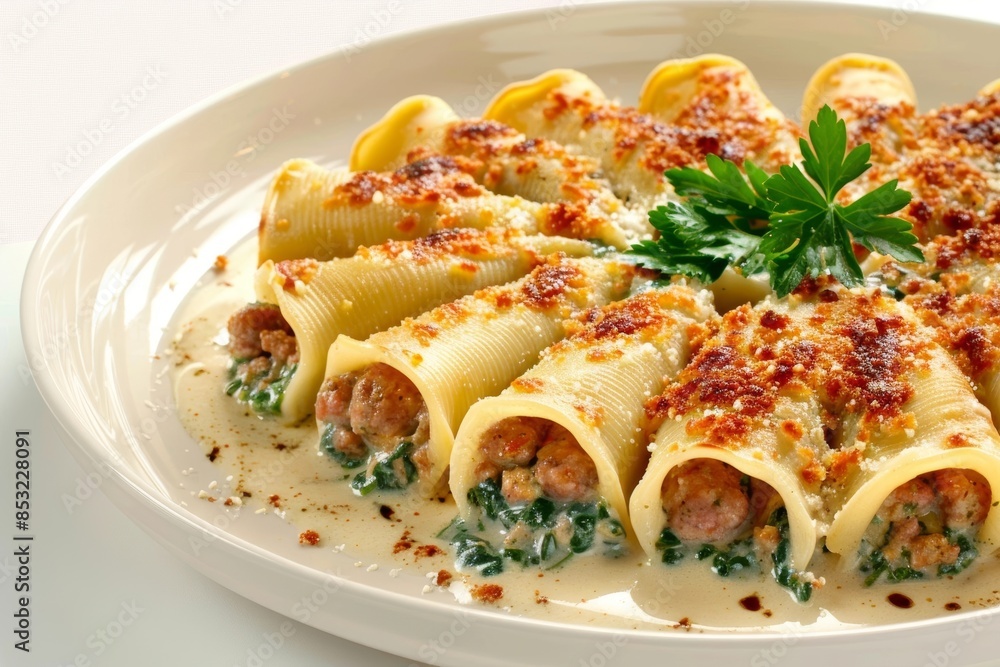 Elegant Veal and Sausage Stuffed Shells Plated on Porcelain Elegant Veal and Sausage Stuffed Shells Plated on Porcelain
