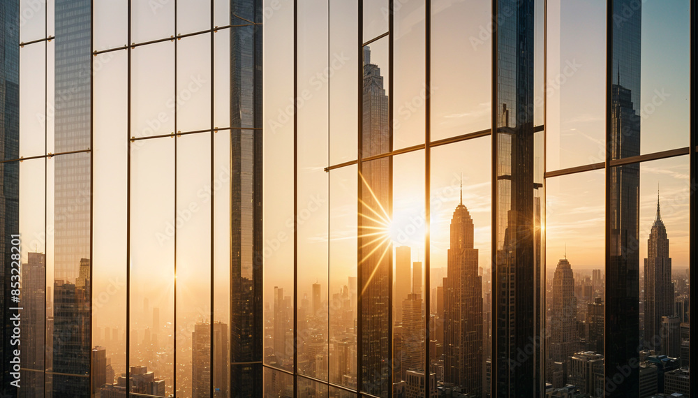 Fototapeta premium city and traffic view reflected from a glass-covered skyscraper, sunset moment