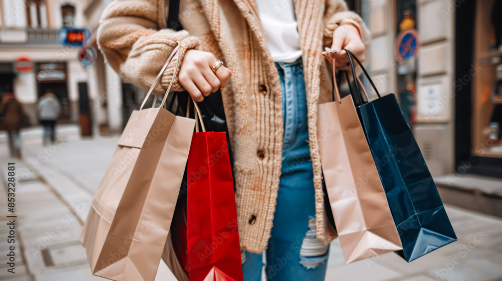 Obraz premium Cropped image of a young woman holding shopping bags in the city
