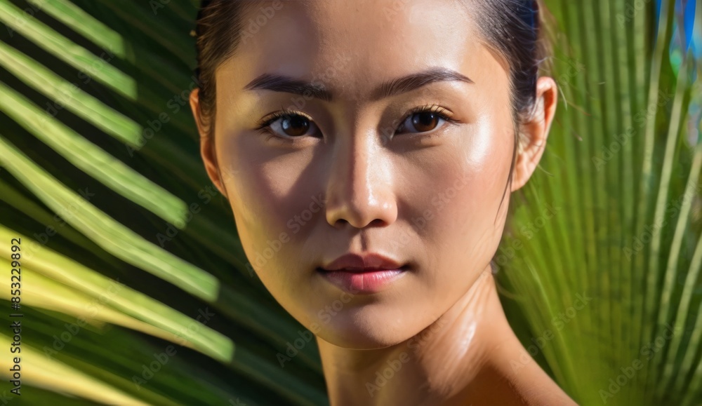 Portrait beautiful girl under palm leaves Portrait beautiful girl under palm leaves