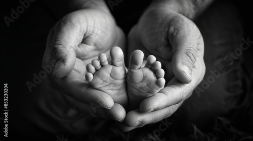man is holding baby's feet in his hands ai generated