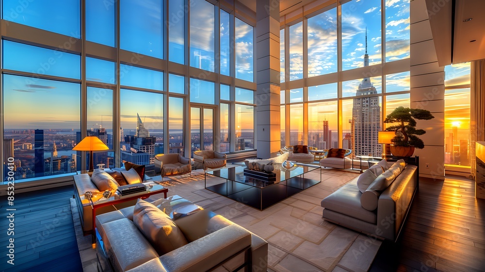 luxurious high-rise apartment living room with modern furniture, floor-to-ceiling windows, and a spectacular view of the cityscape luxurious high-rise apartment living room with modern furniture, floor-to-ceiling windows, and a spectacular view of the cityscape