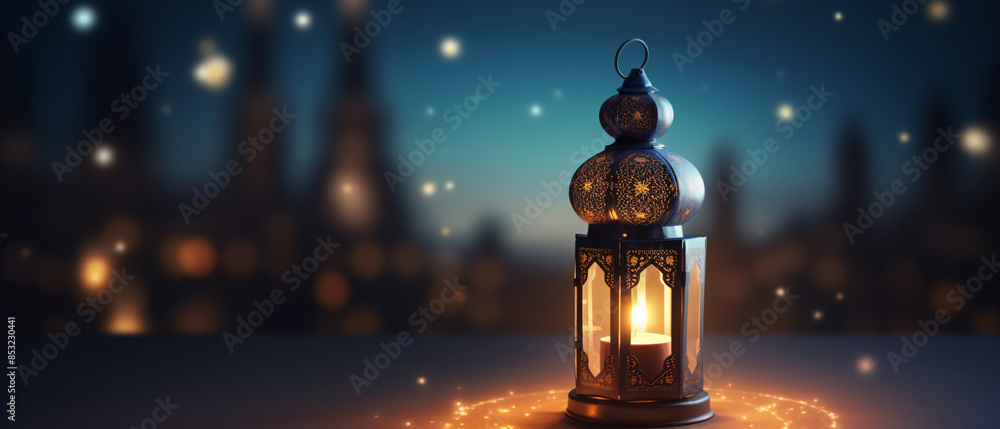 Ornate Arabic lantern with a burning candle emitting a warm, glowing light. Ornate Arabic lantern with a burning candle emitting a warm, glowing light.