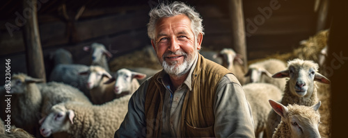 Shepherd with flock of sheep in barn