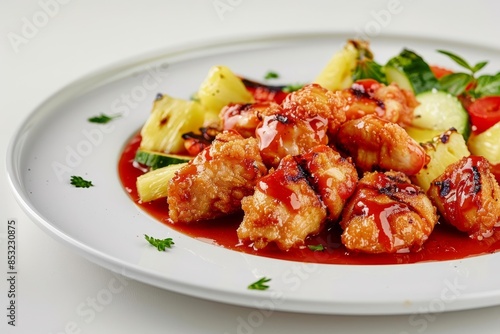Golden-Brown Candy Coated Chicken with Tomato Puree and Pineapple