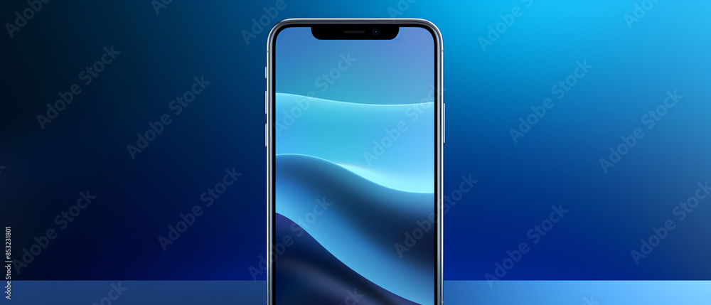 Fototapeta premium Modern smartphone mockup with teardrop notch, featuring a sleek blue design and dynamic display.