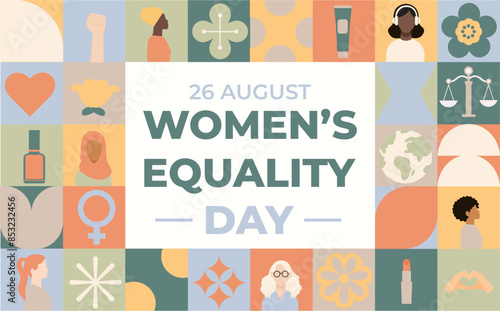 Bauhaus banner Women's Equality Day. August. Geometric template,web banner dedicated to women's history month. The concept of women's equality day. Poster, greeting card, banner and background. EPS 10