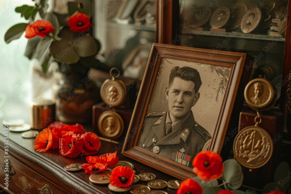 Commemorating Still life for a commemoration day, with medals, a folded flag, poppies ...