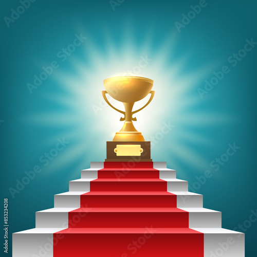 Golden trophy cup on a pedestal