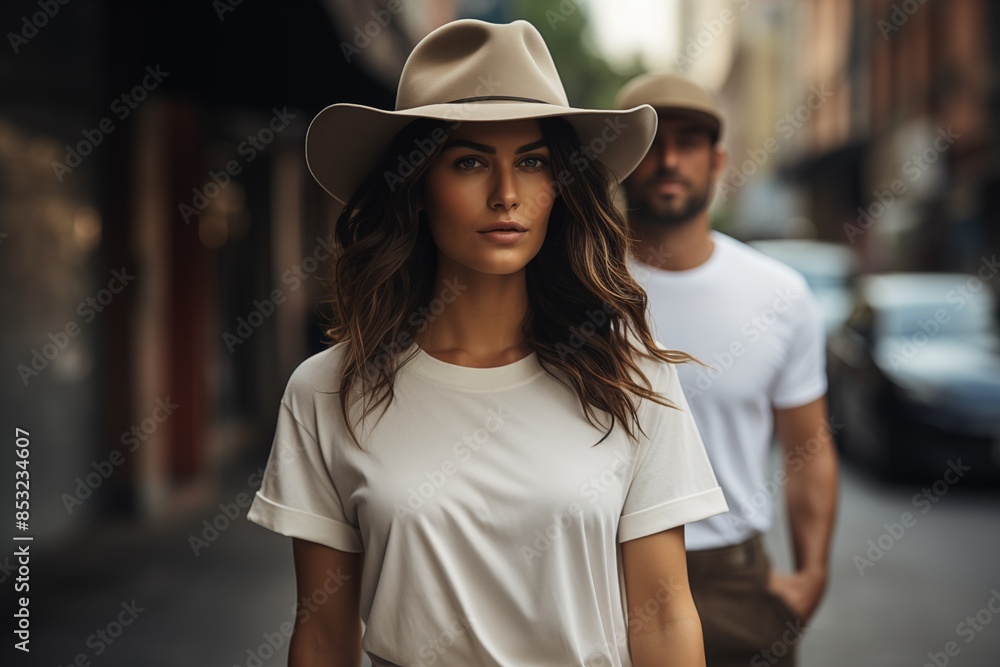 Man and woman wearing blank white t-shirt Man and woman wearing blank white t-shirt