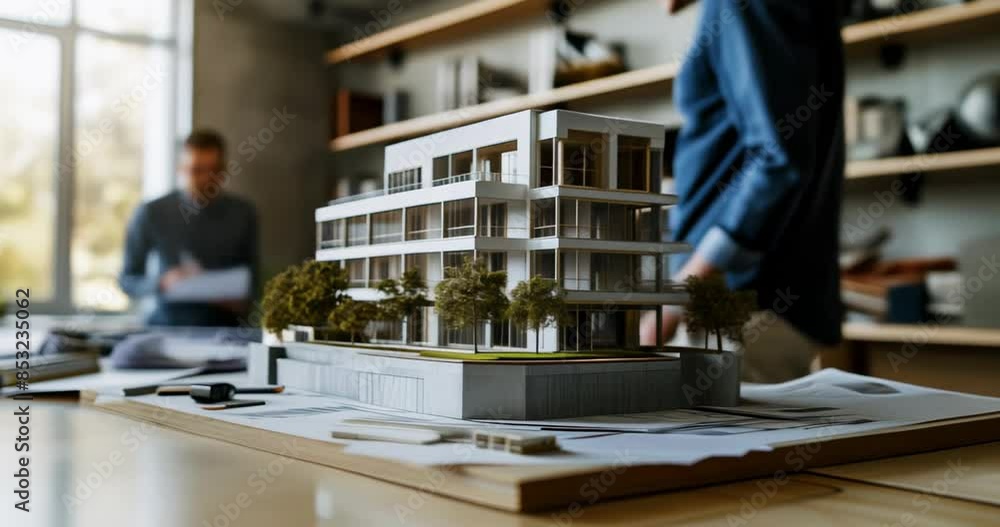 scale model of modern apartment building complex in architect office ...