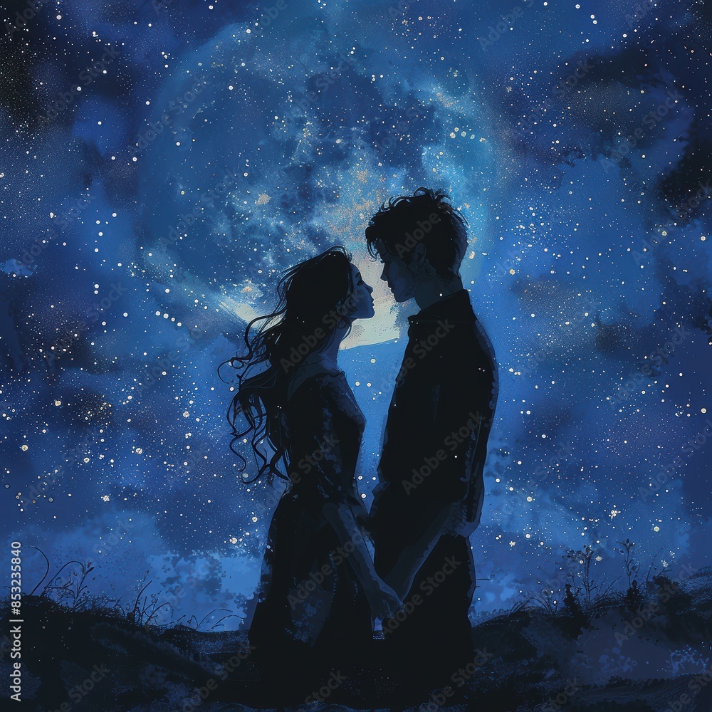 A couple sharing a romantic moment under a starry sky A couple sharing a romantic moment under a starry sky