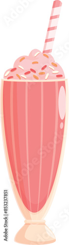 Pink milkshake with whipped cream and sprinkles is standing in a tall glass with a straw