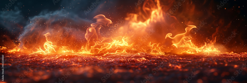 A fire is burning in the distance, with the flames reaching up into the sky. Concept of danger and destruction, as the fire threatens to engulf everything in its path A fire is burning in the distance, with the flames reaching up into the sky. Concept of danger and destruction, as the fire threatens to engulf everything in its path