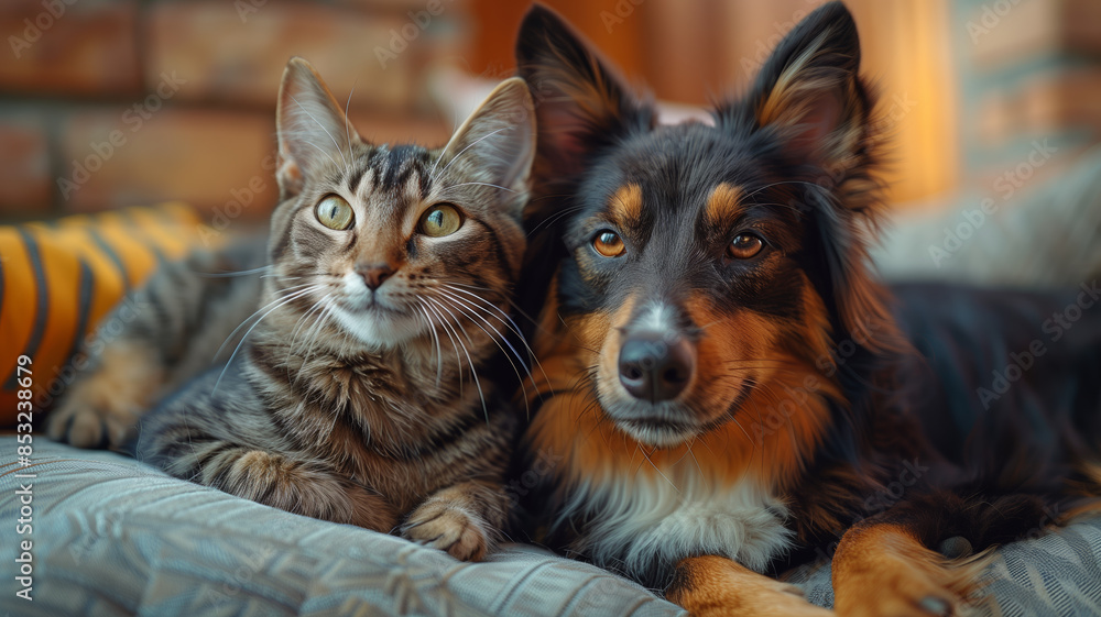 A dog and a cat are laying on a blanket together, Portrait of Happy dog and cat that looking at the camera together, friendship between dog and cat, amazing friendliness of the pets A dog and a cat are laying on a blanket together, Portrait of Happy dog and cat that looking at the camera together, friendship between dog and cat, amazing friendliness of the pets