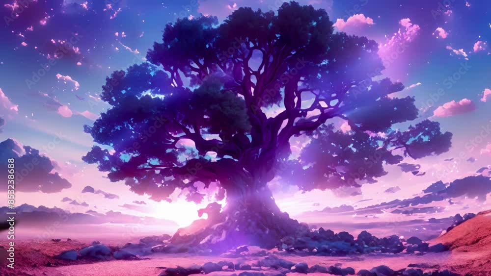 A tree with glowing purple bark and multiple trunks each one representing a different dimension in the cosmos. A tree with glowing purple bark and multiple trunks each one representing a different dimension in the cosmos.