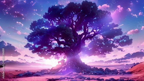 A tree with glowing purple bark and multiple trunks each one representing a different dimension in the cosmos.