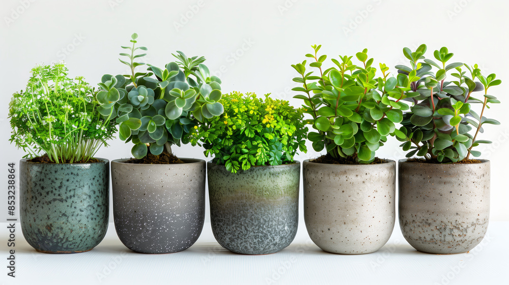 A row of potted plants with different sizes and shapes. The plants are arranged in a row, with some taller and some shorter. The potted plants are placed in front of a white background A row of potted plants with different sizes and shapes. The plants are arranged in a row, with some taller and some shorter. The potted plants are placed in front of a white background