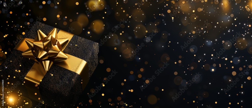 Elegant black gift box adorned with a gold bow and ribbon, surrounded by sparkling gold lights on a dark background Elegant black gift box adorned with a gold bow and ribbon, surrounded by sparkling gold lights on a dark background