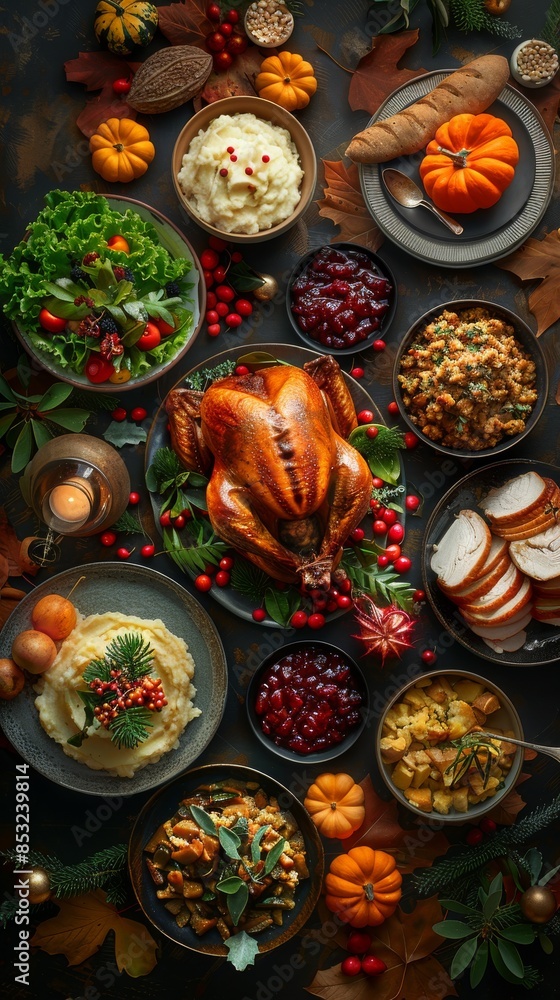 A festive Thanksgiving dinner table showcases a roasted turkey, mashed potatoes, cranberry sauce, and various side dishes. Autumn decorations surround the table, capturing the warmth and abundance of 