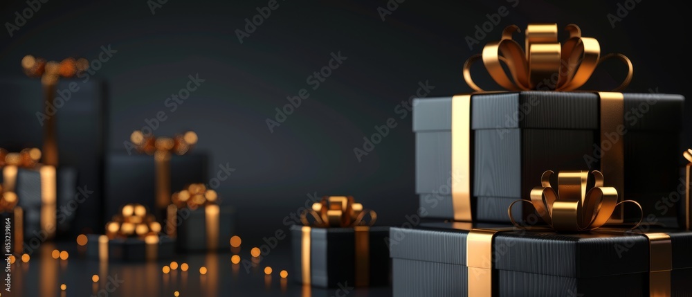 Elegant black gift boxes adorned with gold ribbons and bows, set against a dark background with glowing bokeh lights Elegant black gift boxes adorned with gold ribbons and bows, set against a dark background with glowing bokeh lights