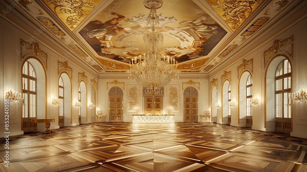 Obraz premium regal reception area with an intricate parquet floor design, a large gold leaf ceiling mural, and an elaborate crystal chandelier centered above