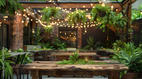 rustic chic outdoor dining space with reclaimed wood tables, industrial string lighting overhead, and a backdrop of lush ferns and hanging plants © Salman