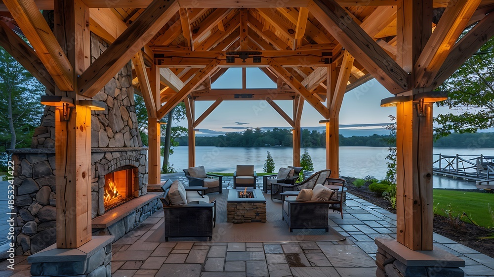serene lakeside pavilion with open wooden beams, a stone fireplace, and cozy seating, perfect for chilly evenings by the water serene lakeside pavilion with open wooden beams, a stone fireplace, and cozy seating, perfect for chilly evenings by the water