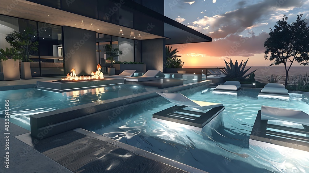 Obraz premium sleek, modern poolside lounge with geometric sun loungers, a minimalist water feature, and a built-in fire pit for evening gatherings
