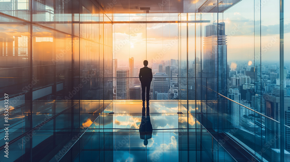 Junior riding an elevator up to the office, reflection of cityscape in glass, left third copy space Junior riding an elevator up to the office, reflection of cityscape in glass, left third copy space