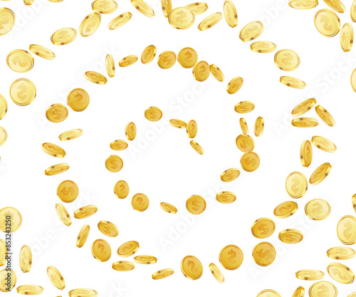 Spiral whirlpool of coins on dark background.