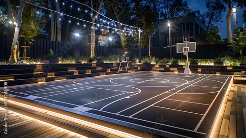 sports enthusiast's dream outdoor space, with a half-basketball court painted with professional markings, integrated seating for spectators, and floodlights for night games photo