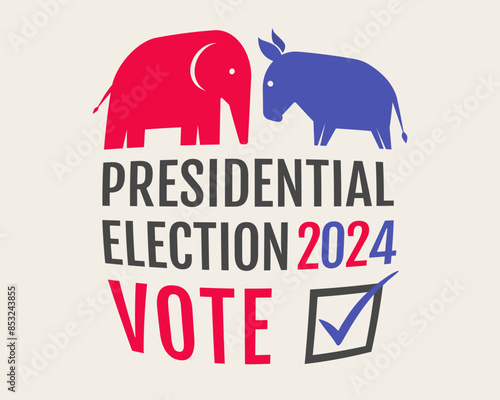 Vector vintage banner for 2024 presidential election in USA. Vector illustration of donkey and elephant. Vote 2024 American election.
