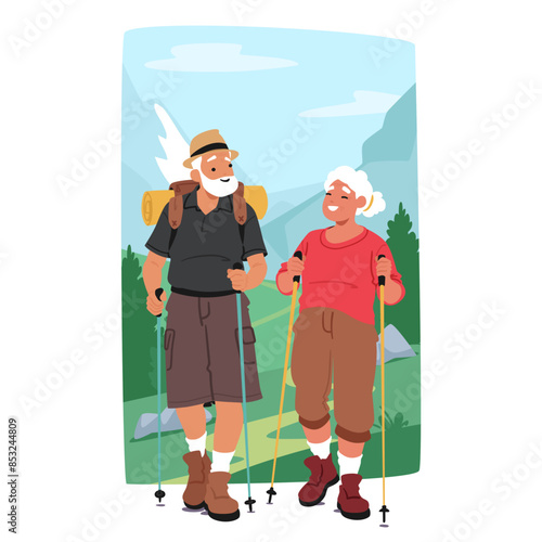 Elderly Couple Characters Engaging In Nordic Walking Activities. Happy And Energetic People Enjoying Hike