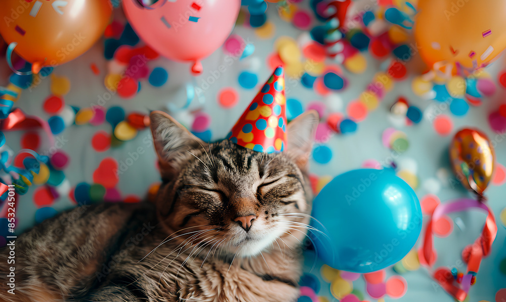 A tabby cat with a party hat rests among colorful balloons and confetti on a light blue background A tabby cat with a party hat rests among colorful balloons and confetti on a light blue background