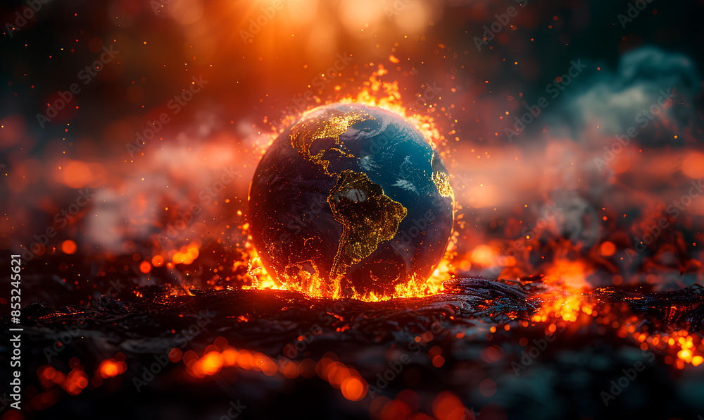 A burning globe of the Earth surrounded by fire and smoke, depicting a potential future scenario of climate change A burning globe of the Earth surrounded by fire and smoke, depicting a potential future scenario of climate change