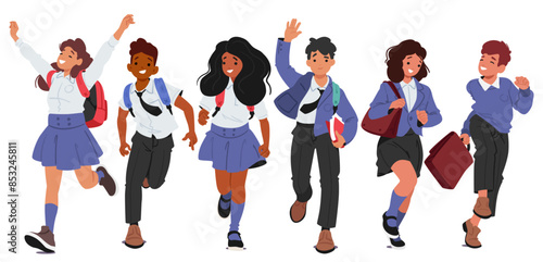 Front View Of A Group Of Happy School Children Running And Laughing. Kids Wearing Uniforms, Carrying Backpacks