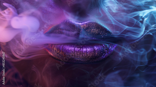 Wallpaper Mural Womans lips with metallic holographic gradient lipstick blowing purple smoke. Torontodigital.ca