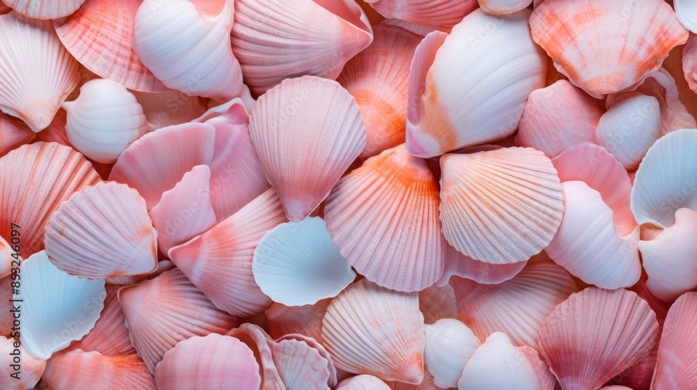 A pile of pink and white seashells in various shapes and sizes. A pile of pink and white seashells in various shapes and sizes.