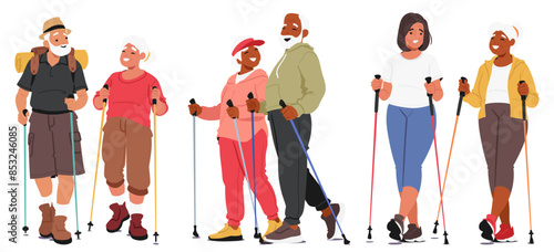 Cheerful Group Of Diverse Elderly Characters Engage In Nordic Walking, Demonstrating A Healthy And Active Lifestyle