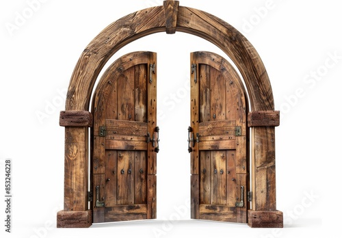 Wooden arched door frame with a white background 