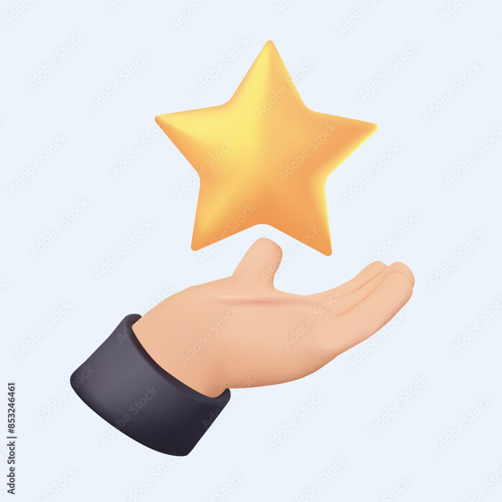Hand holding star 3D illustration. Loyalty program 3D icon. Award or winner concept. Bonus points. Discount star symbol. Quality design element. Modern style loyalty program icon. Vector illustration Hand holding star 3D illustration. Loyalty program 3D icon. Award or winner concept. Bonus points. Discount star symbol. Quality design element. Modern style loyalty program icon. Vector illustration