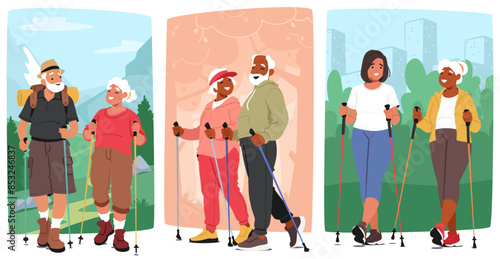 Older Couples Participating In Nordic Walking In Outdoor Settings. Senior Characters Engaged In Healthy Lifestyles