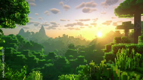 sunrise in a location in a game in 3D pixel art style