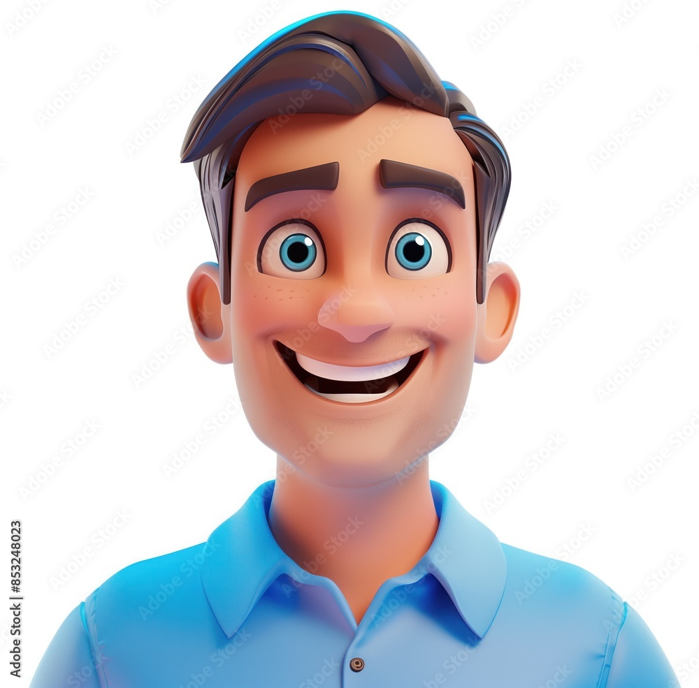 Young man with dark hair, wide smile, wearing a light blue shirt, isolated on a white background. Young man with dark hair, wide smile, wearing a light blue shirt, isolated on a white background.