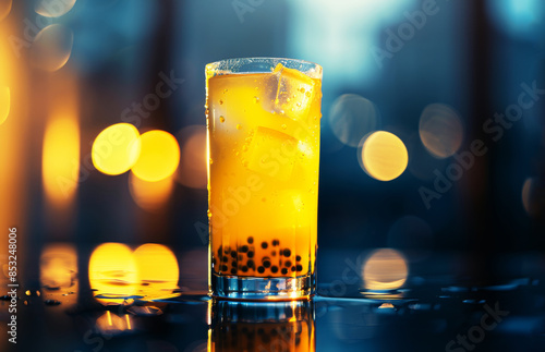 Sweet granadilla beverage in a glass with ice and seeds, presented with a soft bokeh background. Fresh, tropical drink. photo