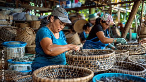 A group of women working diligently at a market stall, crafting baskets from wicker. photo